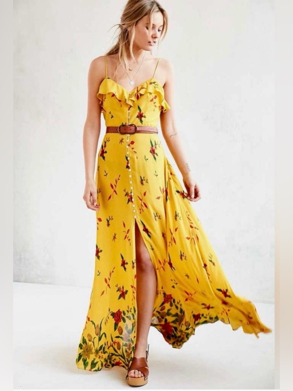 Kimchi Blue Urban Outfitters Yellow Floral Button Front Open Back Maxi Dress